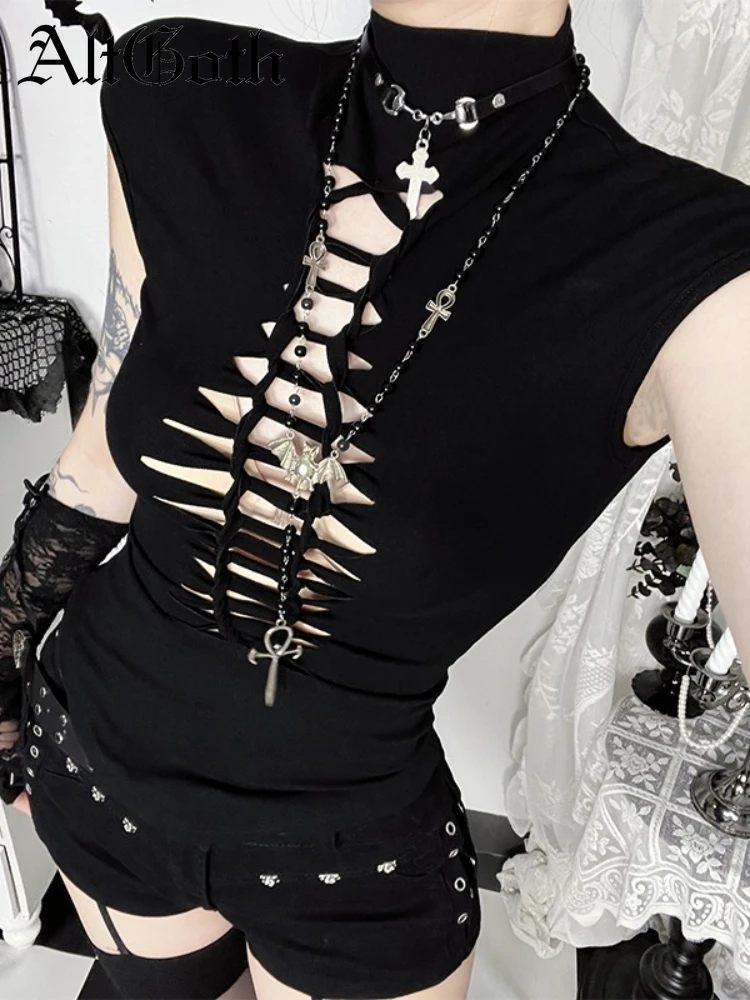 

AltGoth Уличная одежда Harajuku Готическая футболка Женская киберпанк Y2k E-girl Эмо Альтернативная гранж-футболка с короткими рукавами