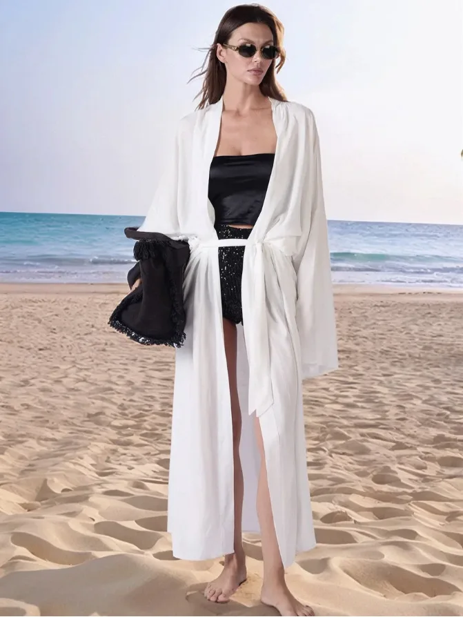Conjunto de Dos Piezas de Ropa de Playa con Protección Solar, Cárdigan Informal de Manga Larga con Cuello en V, Hoado, Pant...