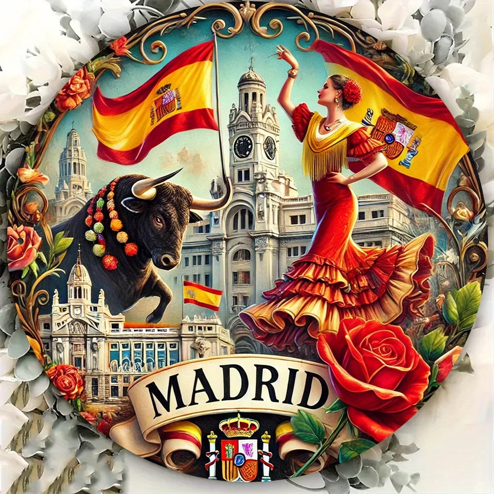 Una pieza de letrero de metal redondo con temática de Madrid adecuado para decoración de habitaciones, decoración de paredes, decoración de restaurantes, decoración de bar