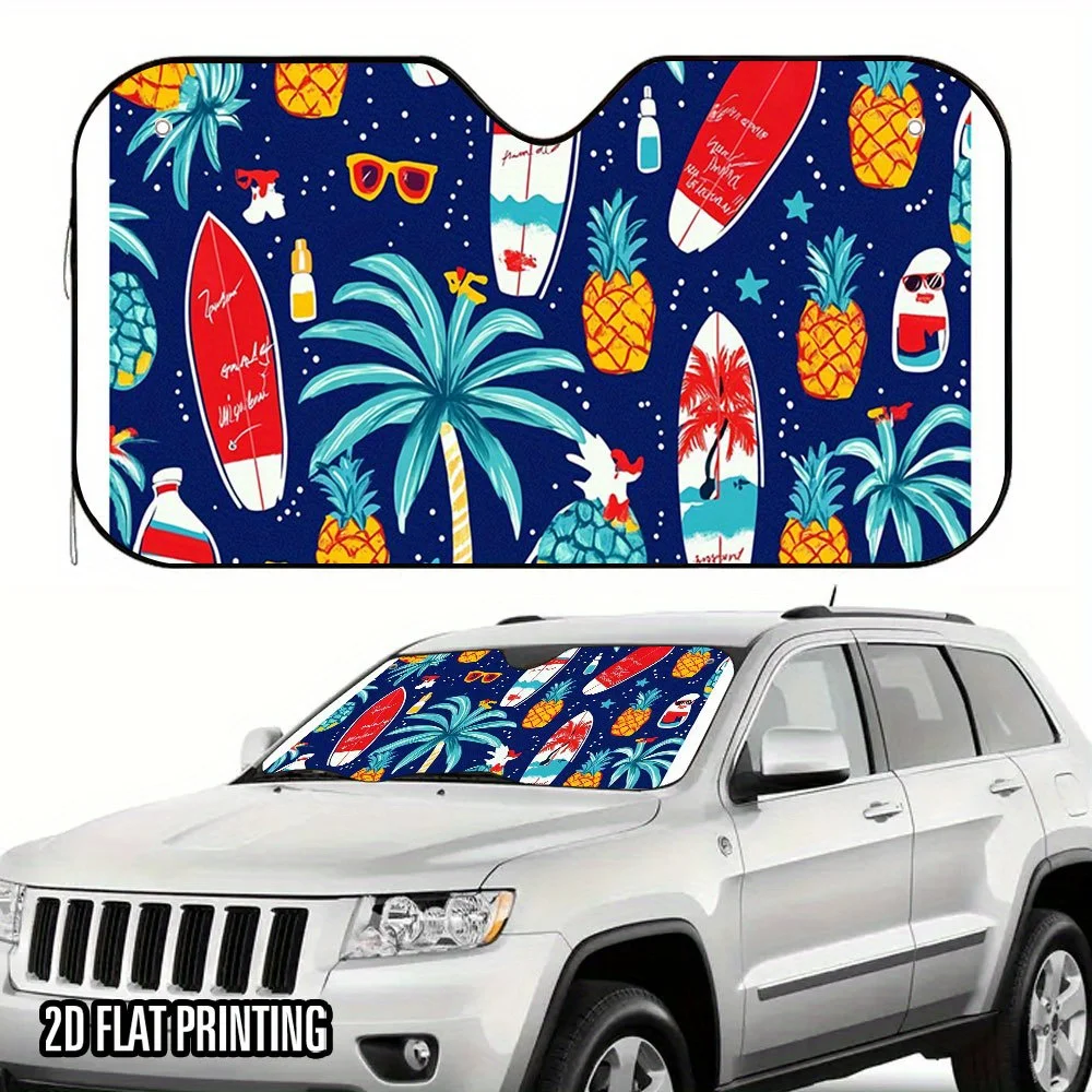 

1 шт. Автомобильный солнцезащитный козырек для тропического отдыха — 2D плоский дизайн с пальмами, ананасами и пляжными зонтиками, сохраняет ваш автомобиль, в комплект входит