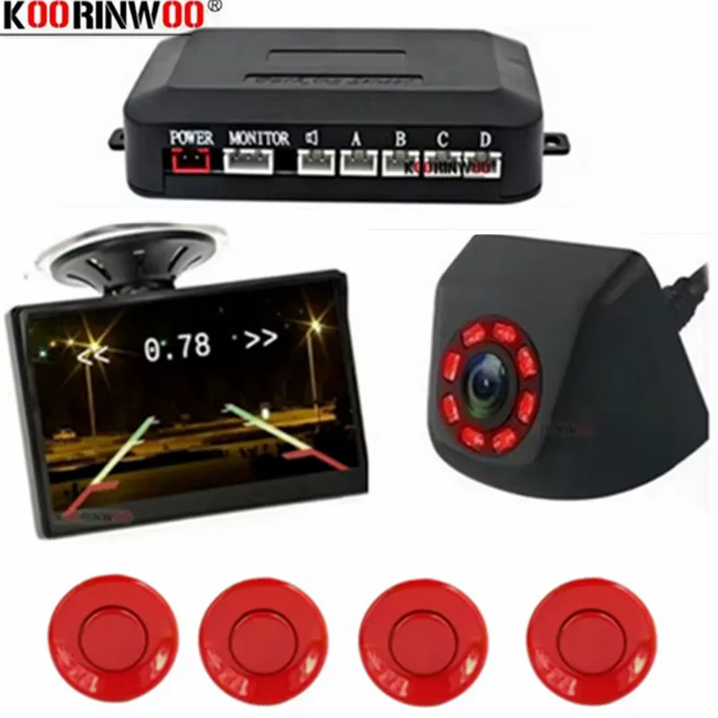 Koorinwoo Automobiles Parking Sensors kit 4 Radars Detector 12V Display Mirror Image Distance Monitor Waterproof Camera Reverse