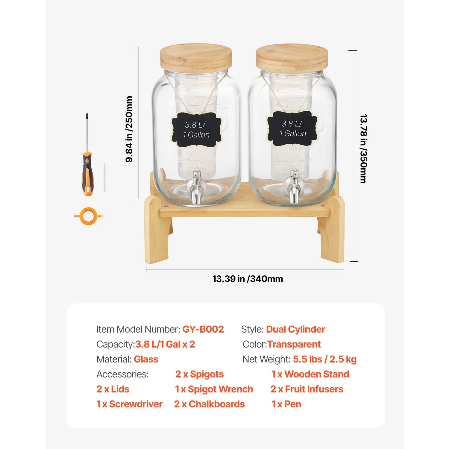 Beverage Dispenser, 2 Pack 1 Gallon Drink Dispensers for Parties, Glass Juice Dispenser with Wood Stand, Stainless Steel Spigot, Infuser, Iced Tea Lemonade Juice Water Dispensers for Parties