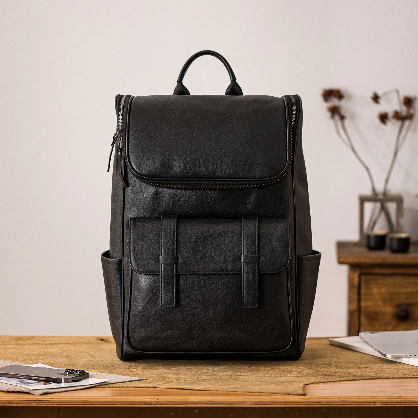 

weekend travel vegetable tanned cowhide men's black large-capacity backpack casual luxury soft genuine leather laptop bookbag
