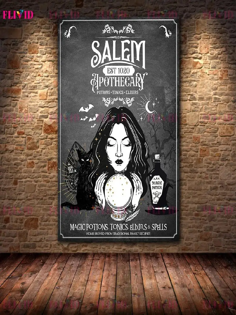 Gothic Occult Witch Canvas Wall Decor Salem Apothecary Black Cat Magic Potion Print Dark Halloween Art Poster Home Decor