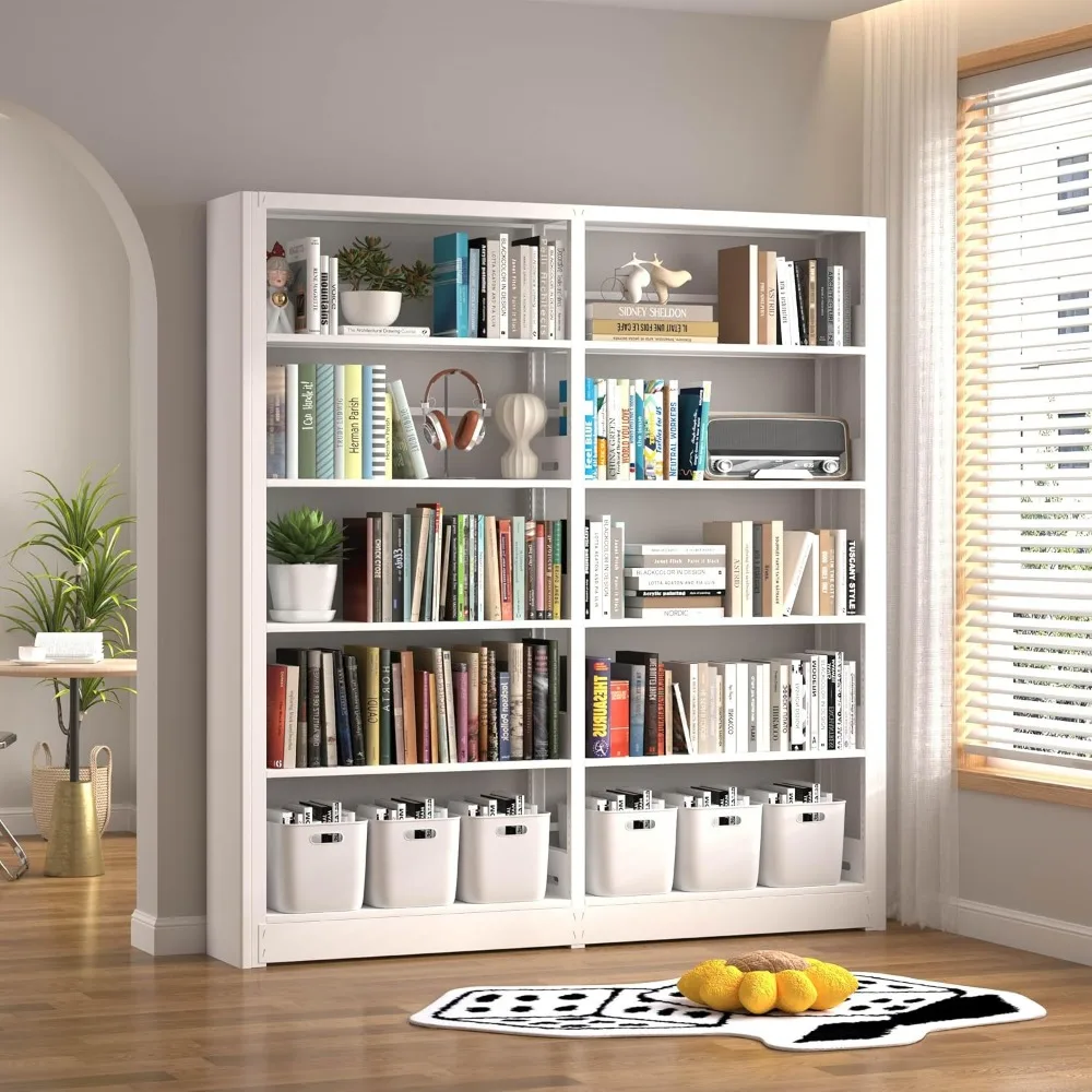 White Bookshelf, 5-Tier Bookshelf with Adjustable Storage Shelves, Freestanding Bookcases and Bookshelves, Wide Bookshelf