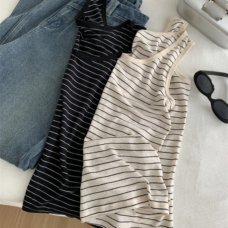 ผู้หญิงฤดูร้อนบางลาย U คอกว้างสายคล้องไหล่เสื้อกั๊ก Cool Breathable เกาหลีใหม่อเนกประสงค์ Contrast Slimming ผ้าลินิน Tank Top