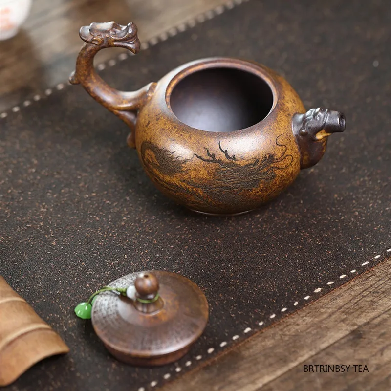 التقليد ييشينغ الأرجواني الطين إبريق الشاي اليدوية التنين نمط براد شاي الجمال غلاية أدوات الشاي المنزلية الصينية Zisha طقم شاي 280 مللي