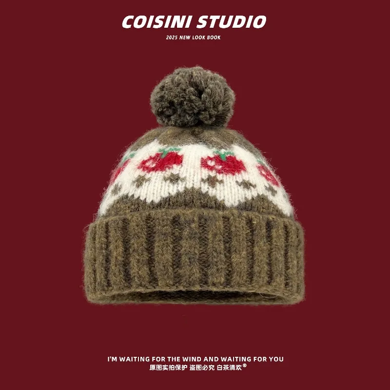 

New Cute Cherry Jacquard Hairball Decorative Knitted Hat Women Autumn and Winter Outdoor Warmth Ear Protection Skull Beanie Cap
