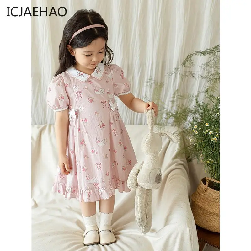 ICJAEHAO 2024 Baby Girls Dress Ruffled Pink Sweet Cute Flowers Animal Printing Holiday Newborn Kids Princess Bow Infant Clothing