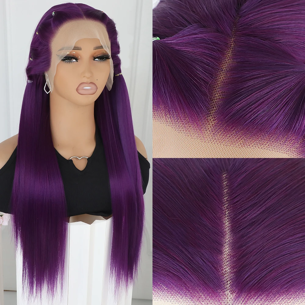 Apolaurel Dark Purple Synthetic Lace Front Wig 13x4 Silky Straight Long Hair Wig for Women Purple Color Cosplay Daily Wear