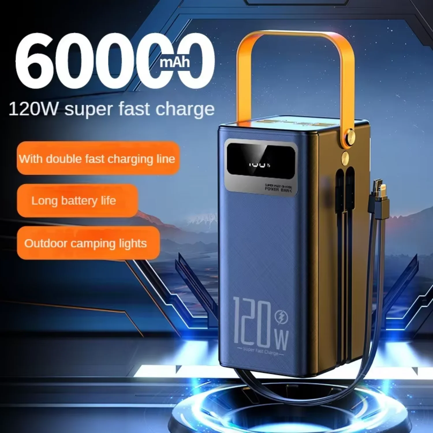 Outdoor Emergency Mobile Power Bank 120W Large Capacity 60000 MAh Fast Charging USB/Type-C/ Camping Strong Light  Lamp