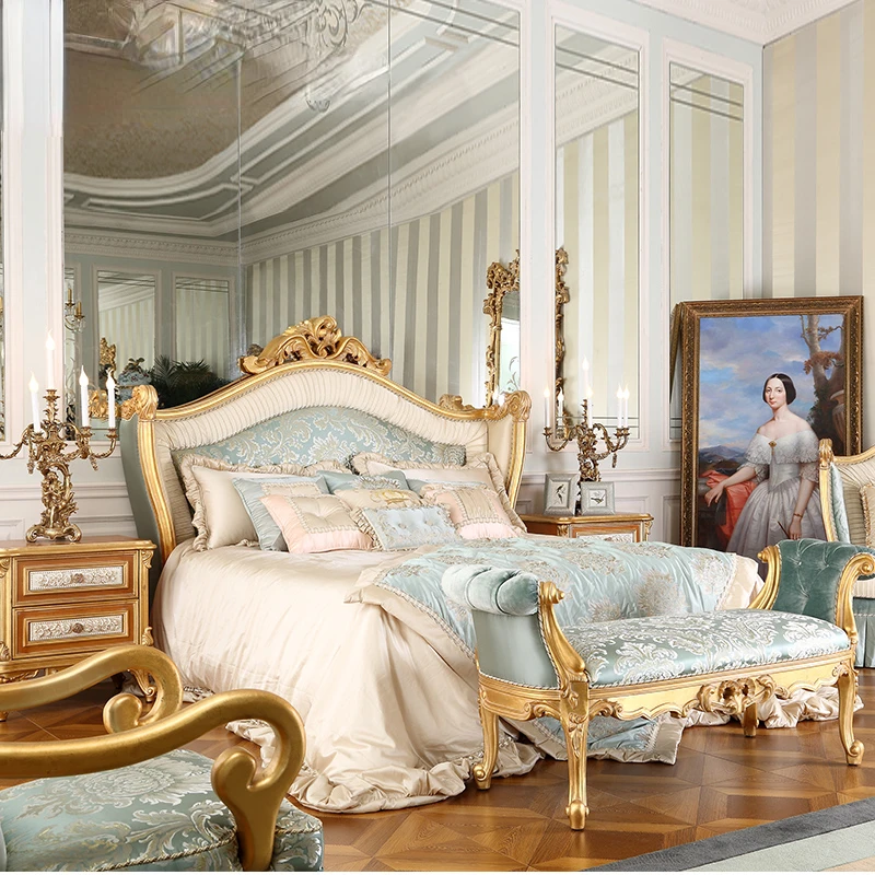 

European villa bedroom furniture luxurious solid wood carved fabric 1.8m master bedroom double wedding bed French princess bed