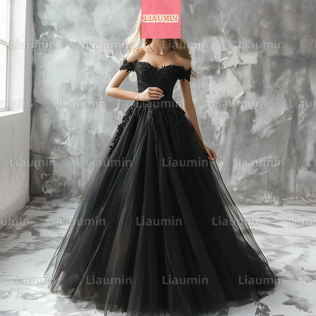 Custom Made Classic A Line Black Tulle With Lace Applique Off The Shoulder Evening Prom Dresses Floor Length Formal W17-1.8