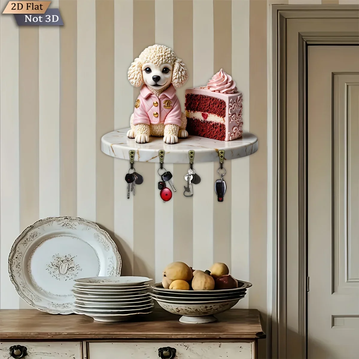 2D Flat, 1pc, Poodle And Cake Themed Key Hook, Wooden Multi-Functional Home Key Rack, with Four Metal Hooks, Wall Decoration,
