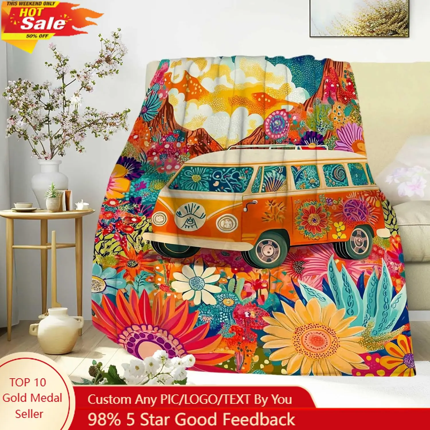 

Boho Hippie Van Floral Blanket, 1960s Psychedelic Festival Art Throw Colorful Cozy Soft Warm Blanket for Couch Bed Sofa