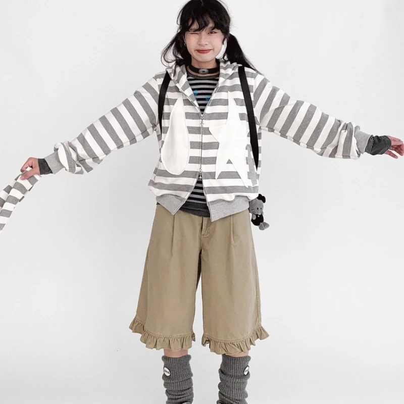 Japanese Original Design Gray White Striped Hooded Women's Sweatshirt Autumn New Patch Star Splicing Zipper Loose Coat Ladies