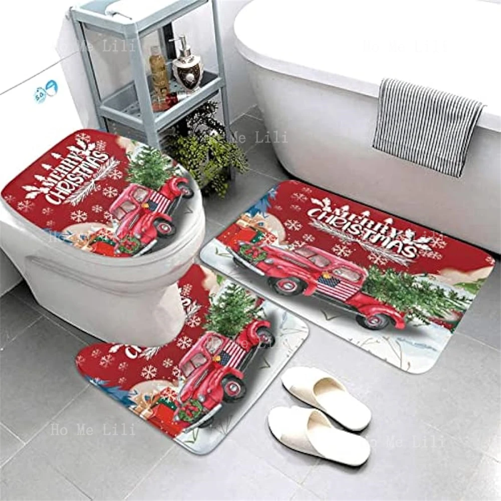 Red Vintage Truck Shower Curtain Set Includes Carpet Toilet Seat Cover Bath Mat Waterproof Christmas Shower Curtain