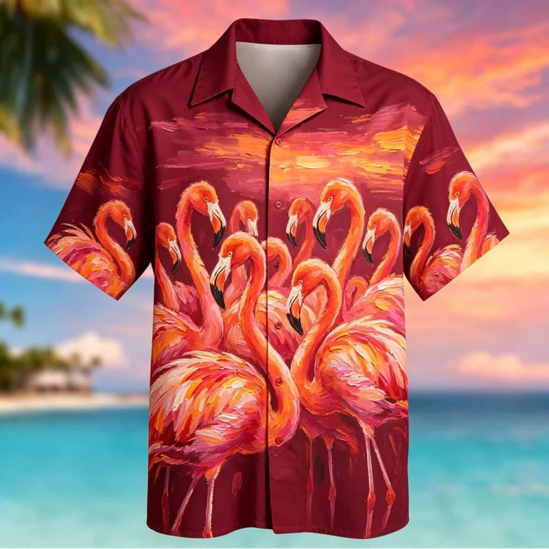 

Oil Painting Animal Group Print Short Sleeve Shirt Casual Button Up For Men Daily Wear With Artistic Tropical Charm