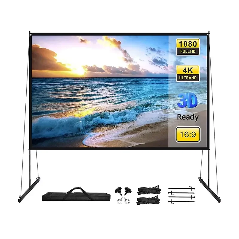 100 Inch Portable Projector Screen with Stand 16:9 HD 4K Front Projection Movie Display for Home Theater Outdoor Use Portable