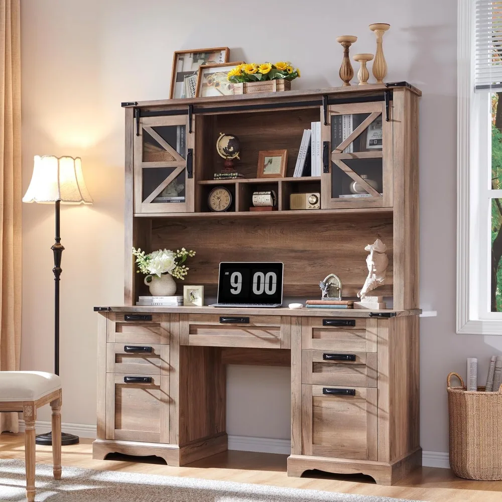 

Wooden Farmhouse-Style Desk with Hutch for Home Office, Executive Desk with Drawers, Charging Station, and Keyboard Tray