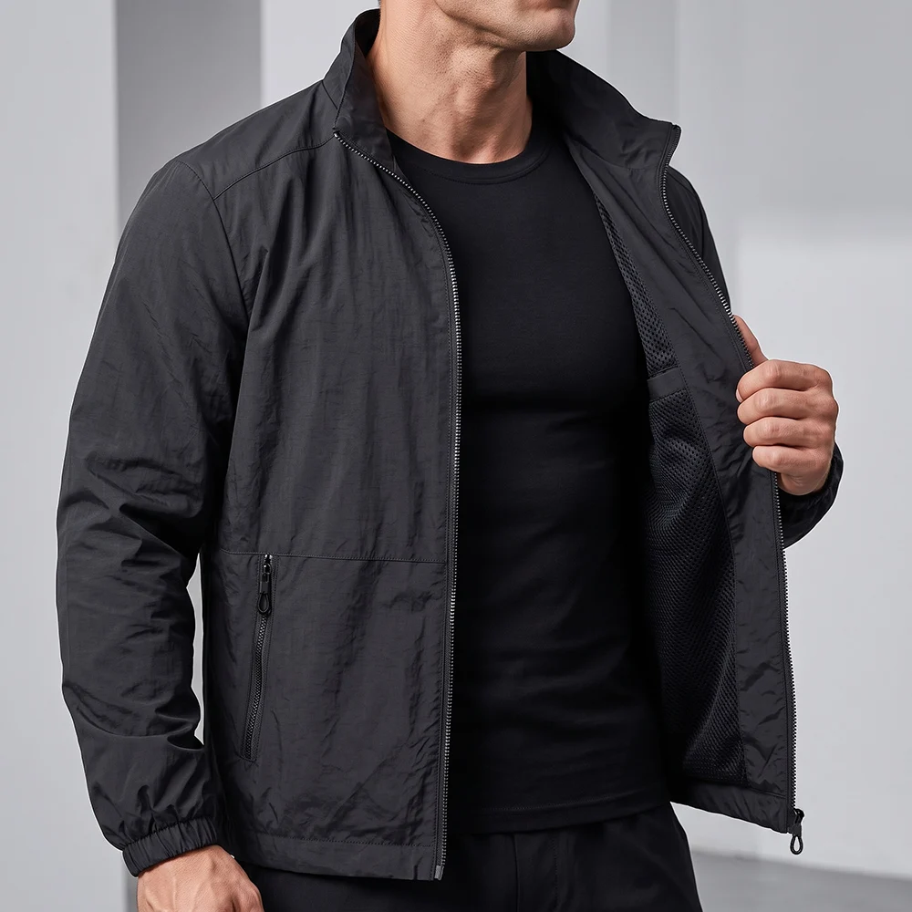 Men's Stand Collar Lightweight Jacket Zip Up Windbreaker Casual Thin Outerwear Mesh Lining Windproof Coat For Daily Wear