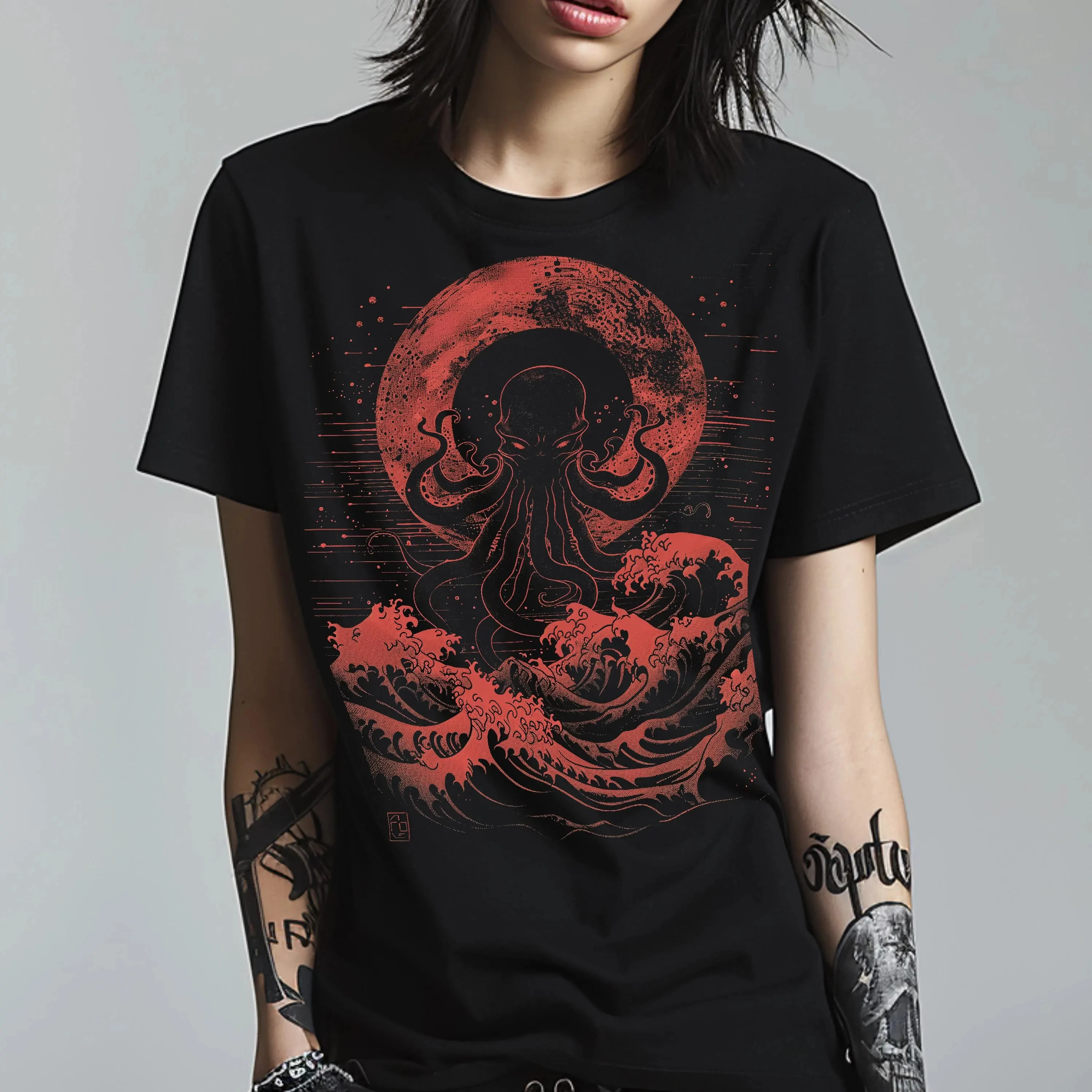 Cthulhu T-Shirt Japanese Wave Gothic Horror Alt Clothing Graphic T Shirts Retro Streetwear Crew-neck Short-sleeved Men T-shirt