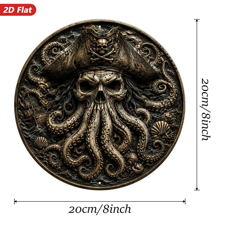 2D Flat, 1pc Pirate Kraken Round Metal Sign Wall Art, Skull Captain Hat, Home Decor, Octopus Tentacles, Nautical Coin Relief, Da