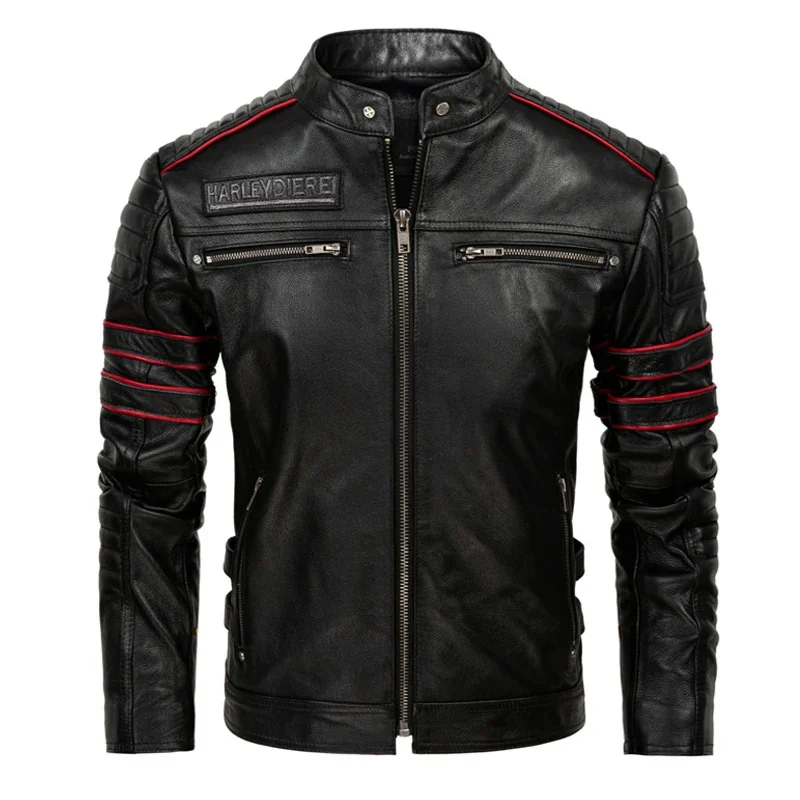 Back Embroidery Skull Motorcycle s Real Cowhide Genuine Mens Riding Jacket Motor Biker Men Leather Coat