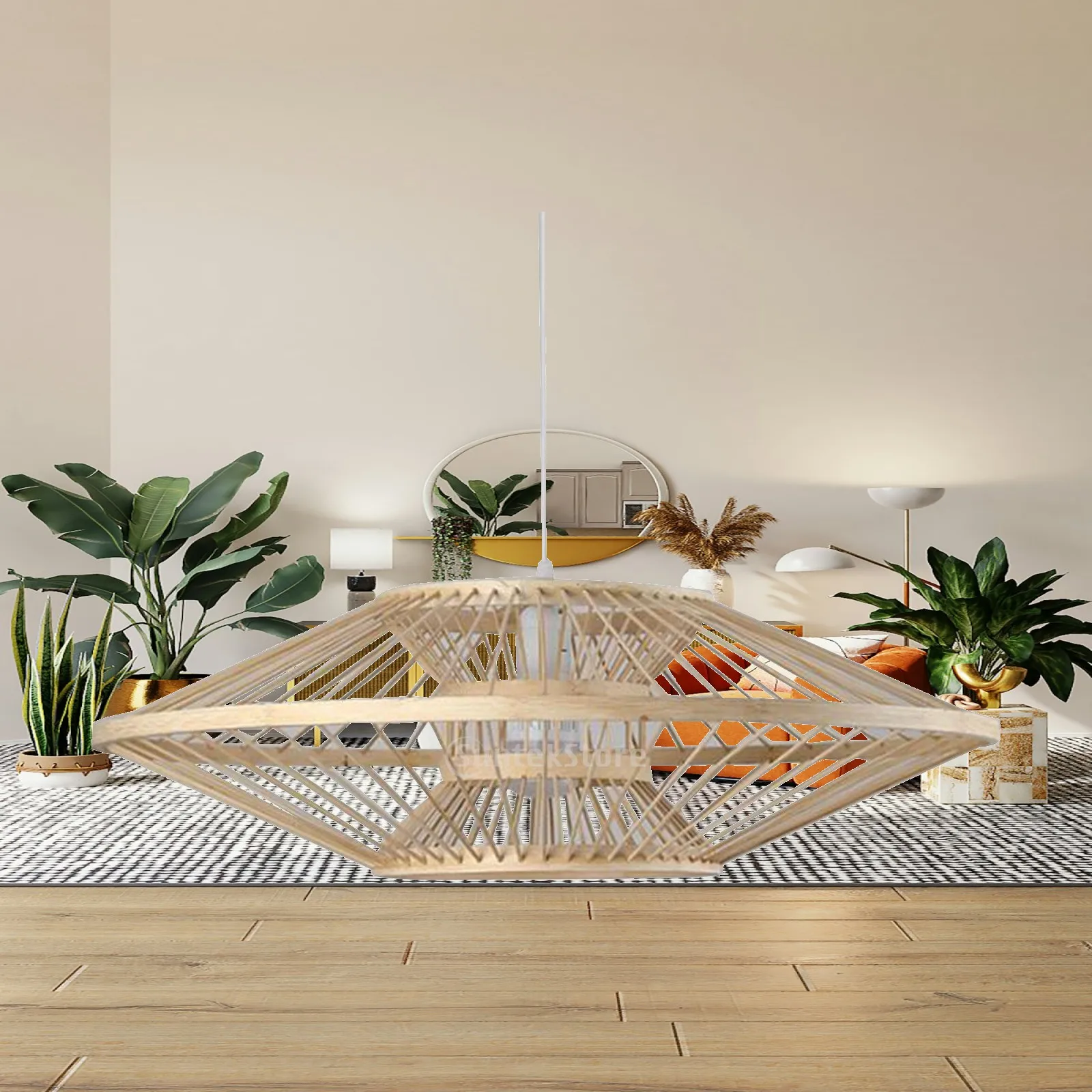 Bamboo Wicker Ceiling Hanging Light Fixture Chandelier LED Pendant Lighting