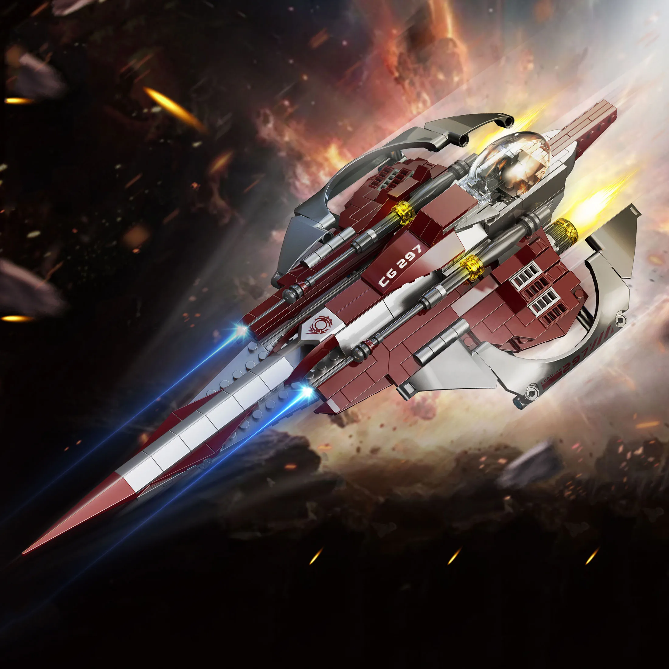 Image of 568-teiliges Sci-Fi Battle Red Fighter Bausteinset, mit aufklappbarem transparentem Cockpit-Design, Sci-Fi Fighter Desktop-Modell, Geburtstags- und Feiertagsgeschenk für Teenager und erwachsene
