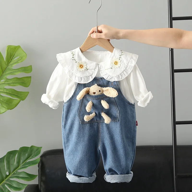 

Kids Boutique Clothing Set 2023 Spring Baby Girl Clothes 1 to 5 Years Solid Color Long Sleeved Shirts and Overalls Girls Outfits