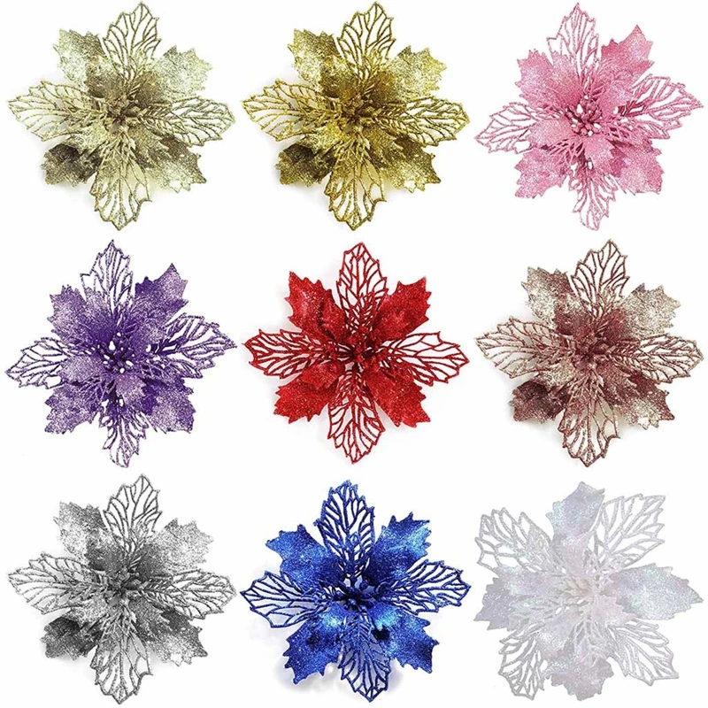 Christmas Glitter Poinsettia Artificial Flowers Xmas Tree Ornaments Plastic for Wreaths Garland Holiday Wedding Decor