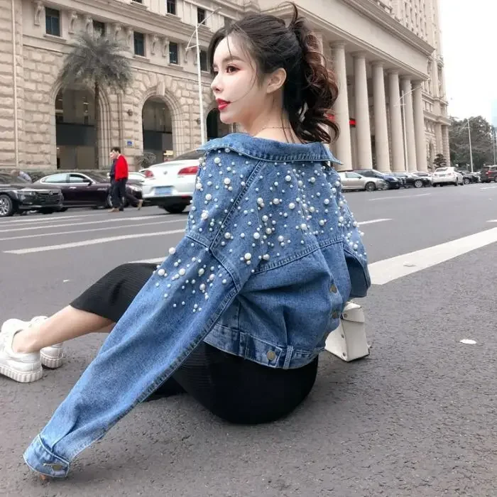 Women's Blue Denim Jacket Studded Pearl Jacket Cropped Top Spring Autumn Coat Loose Fashion Free Shipping Wholesale New