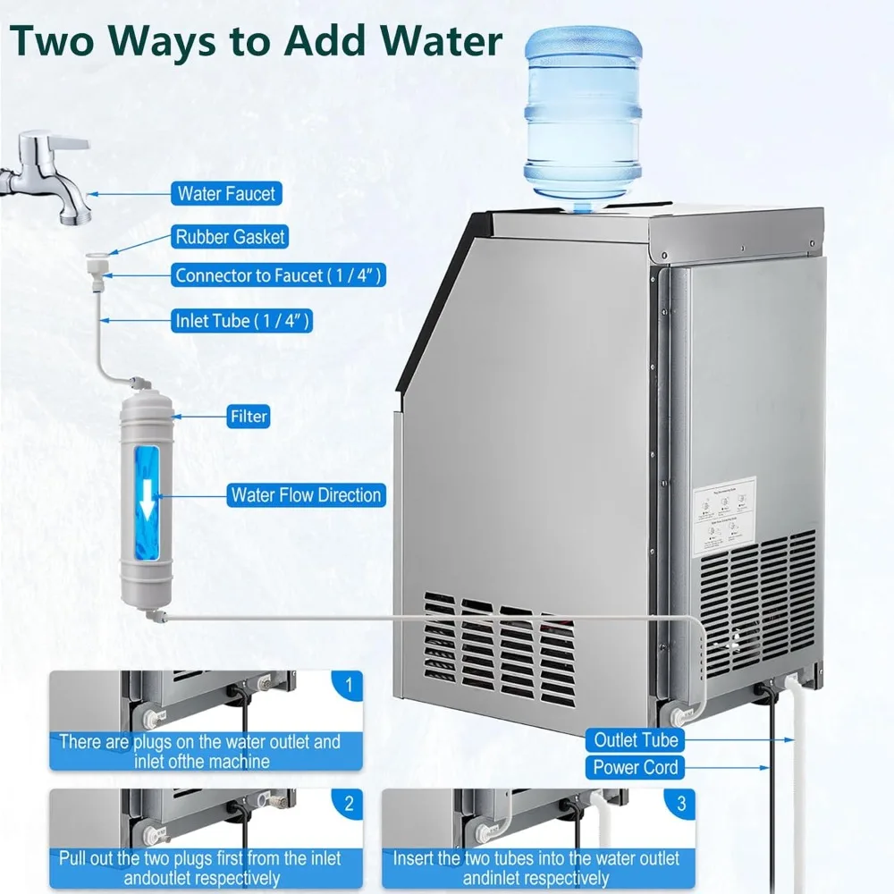 เครื่องทําน้ําแข็งเชิงพาณิชย์เครื่อง 110LBS/24H, 33LBS Bin, ประหยัดพลังงาน & Quiet 220W Ice Cube Maker พร้อมแผง LCD, ตัวจับเวลา