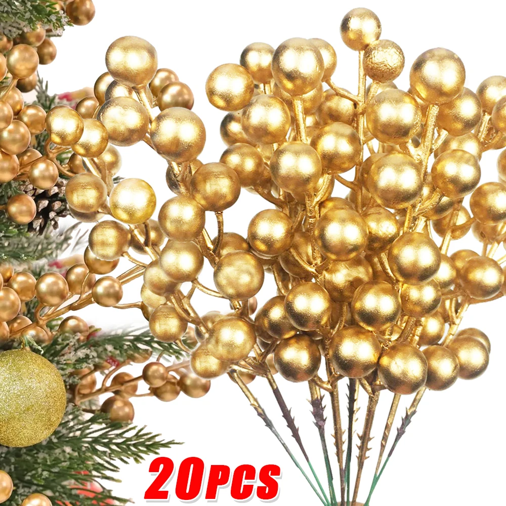 20/1Pcs Artificial Holly Berry Stems Gold Red Fruit Berries Bouquet Fake Plants DIY Garland Xmas Tree Ornament Home Decorations