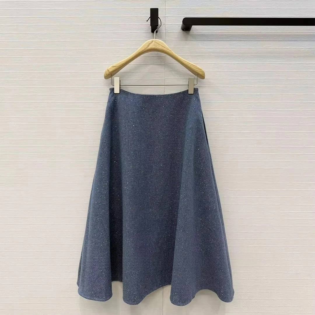 Elegant Fashion Woolen Long Skirts Women New Fall Winter Blue Sequins Embroidery A-line Loose Skirt