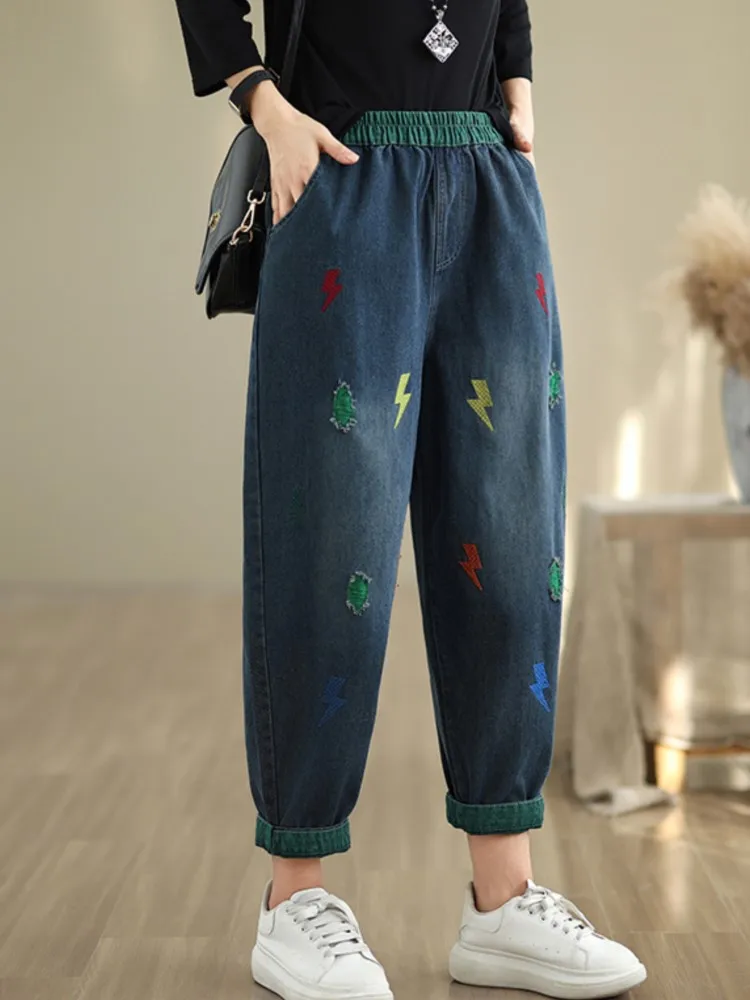 Jeans Cartoon Print Mode Dames Broek Herfst Elastische Hoge Taille Harem Broek Vrouwen Casual Losse Vrouw Oversized Broek