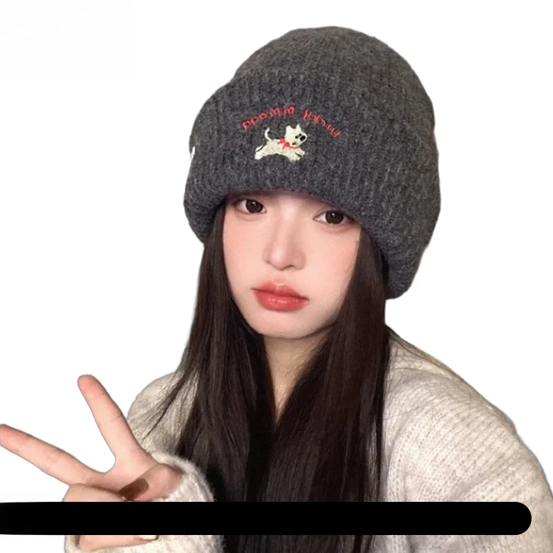 embroidered-knitted-hat-women's-autumn-winter-large-circumference-small-face-illusory-knit-cap-cartoon-style-round-top