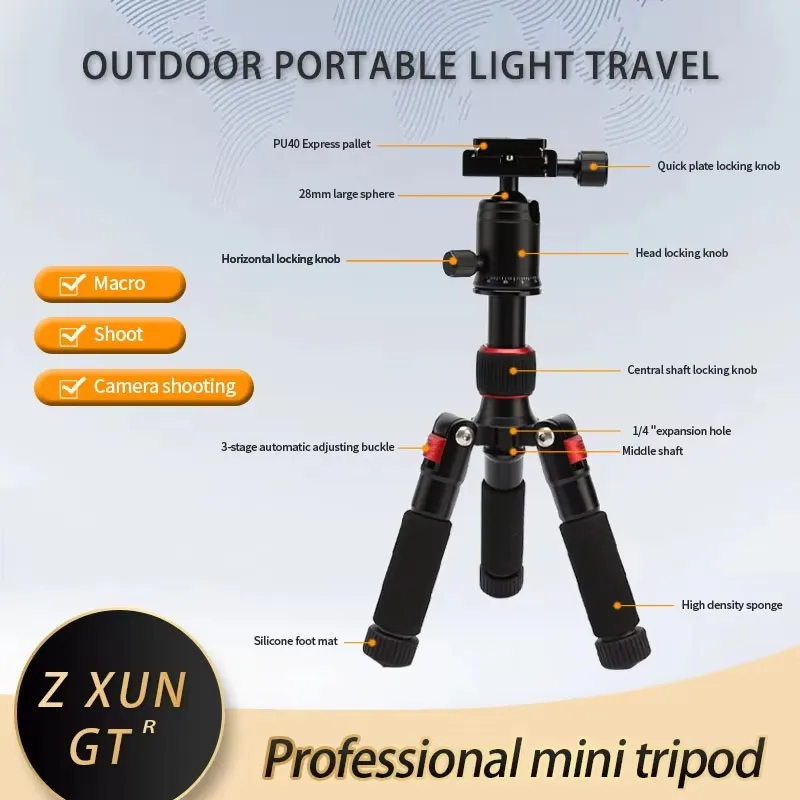 Tripé portátil, suporte de viagem leve, mini tripé de vídeo de mesa com cabeça esférica de 360 graus, adequado para sapatos de viagem ao ar livre
