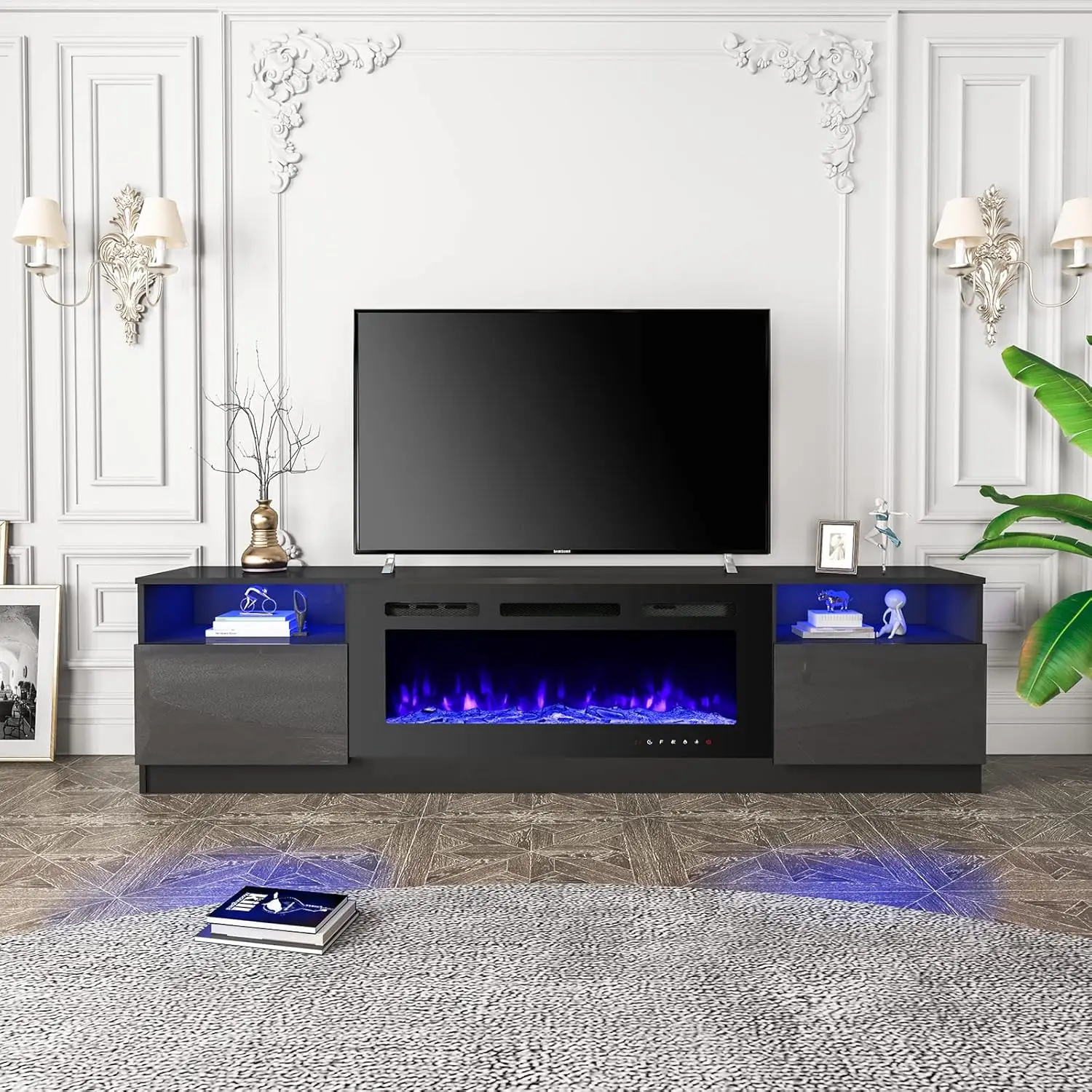 80'' Fireplace TV Stand with 40'' Electric Fireplace, 16 Color Led Lights and 12 Flame Fireplace Insert Heater