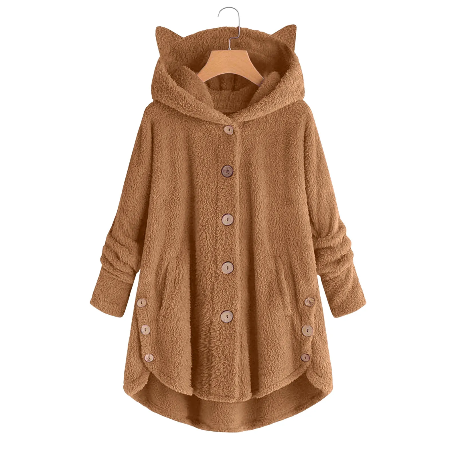 Women's Hooded Fleece Coat with Cats Ears, Irregular Hem, Buttons, Fleece, Sports, Christmas Gift, Cute, Winter, 2024