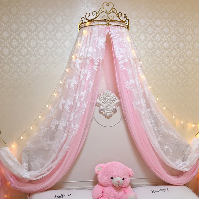 Bed Curtain Bed Curtain Princess Wind Mosquito Net 1.5m Gauze Curtain Gauze Net Crown Rack 1.8m Double Wedding White Pink Lace