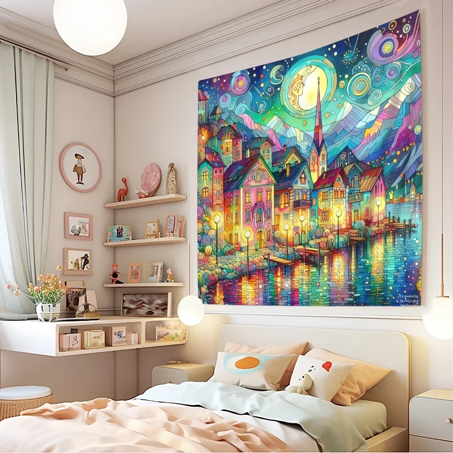 Vibrant Retro Cityscape Mural Tapestry Bohemian Dreamy Colorful Wall Hanging for Bedroom Living Room Decor