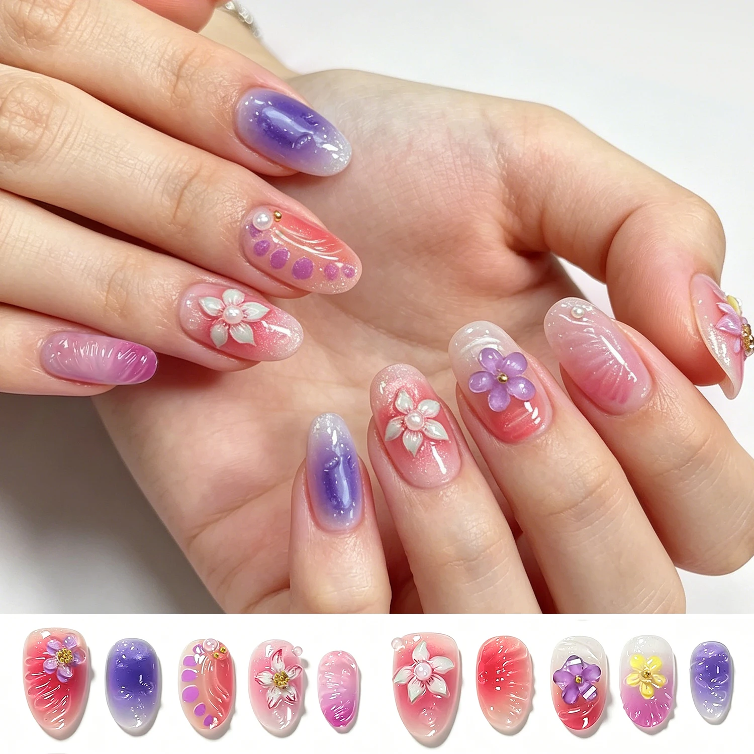 10Pcs/set Hand Painted Flower Press On Nails, Shiny Pink Purple Gradient Fake Nails, Daily Wearable Short Almond False Nails-XS