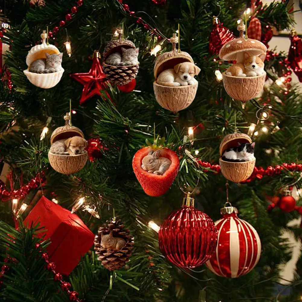 2D Acrylic Christmas Ornaments Set Cat Dog Rabbit Squirrel Hanging Decorations For Christmas Tree Home Decor Gift For Pet Lovers