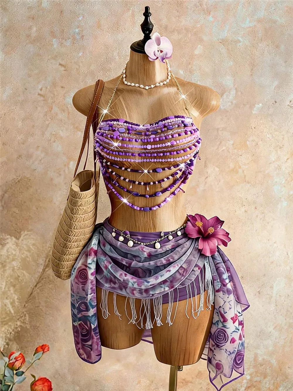 

European And American Style Acrylic Bead Top Retro Handmade Woven Bead Strapless Holiday Atmosphere Hanging Neck Short Top