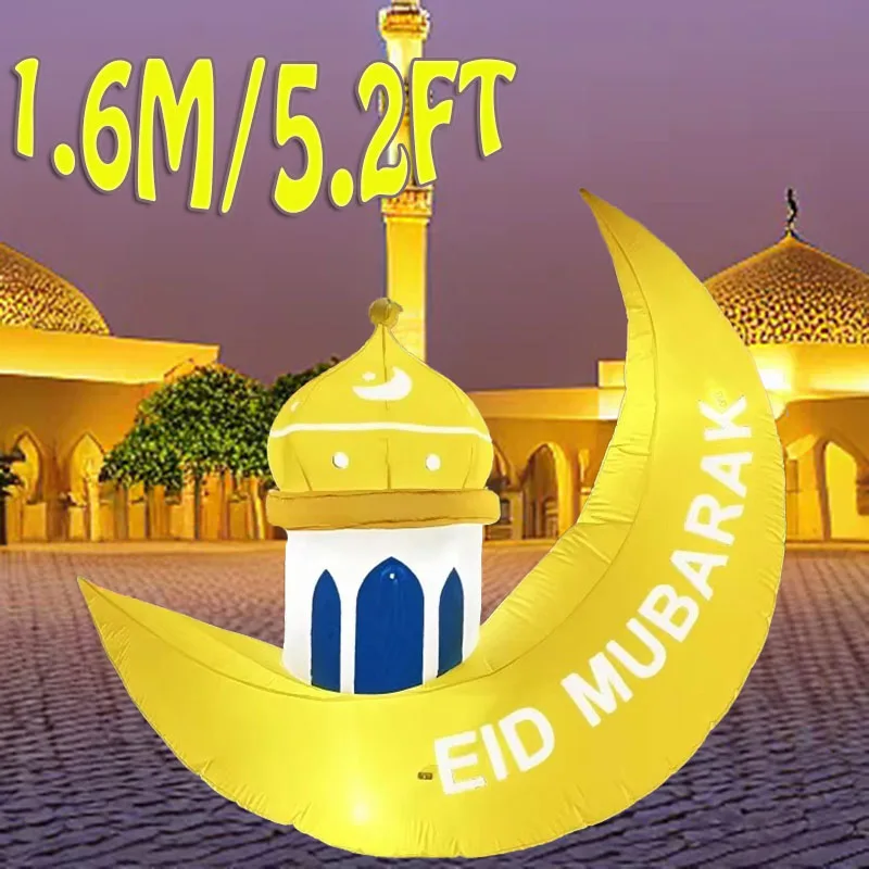1.6M/5.2FT Inflatable Model Ramadan Moon Palace Build-in LED Light Blow Up Eid Mubarak Sign Outdoor Holiday Decorations
