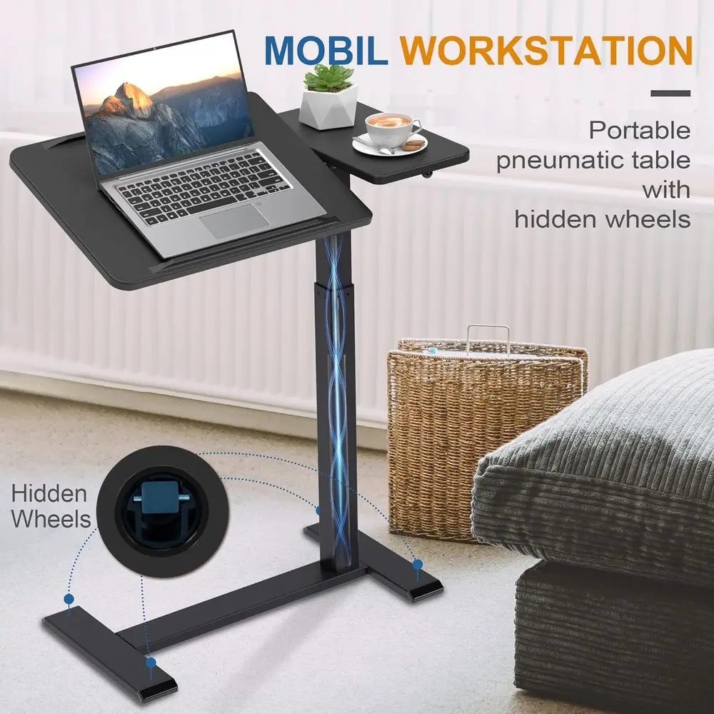 Мобильный столик из орехового дерева с пневматическим наклоном, столом для ноутбука и скрытыми колесами (черный)