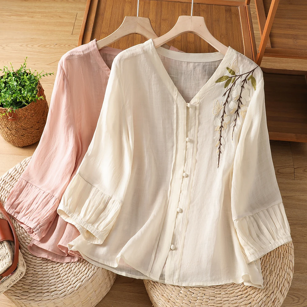 

High-End Women's Cotton Linen Shirt Jacket Large Size Spring Summer New Style Five Sleeve Top Linen Shirt Comfortable Breathable
