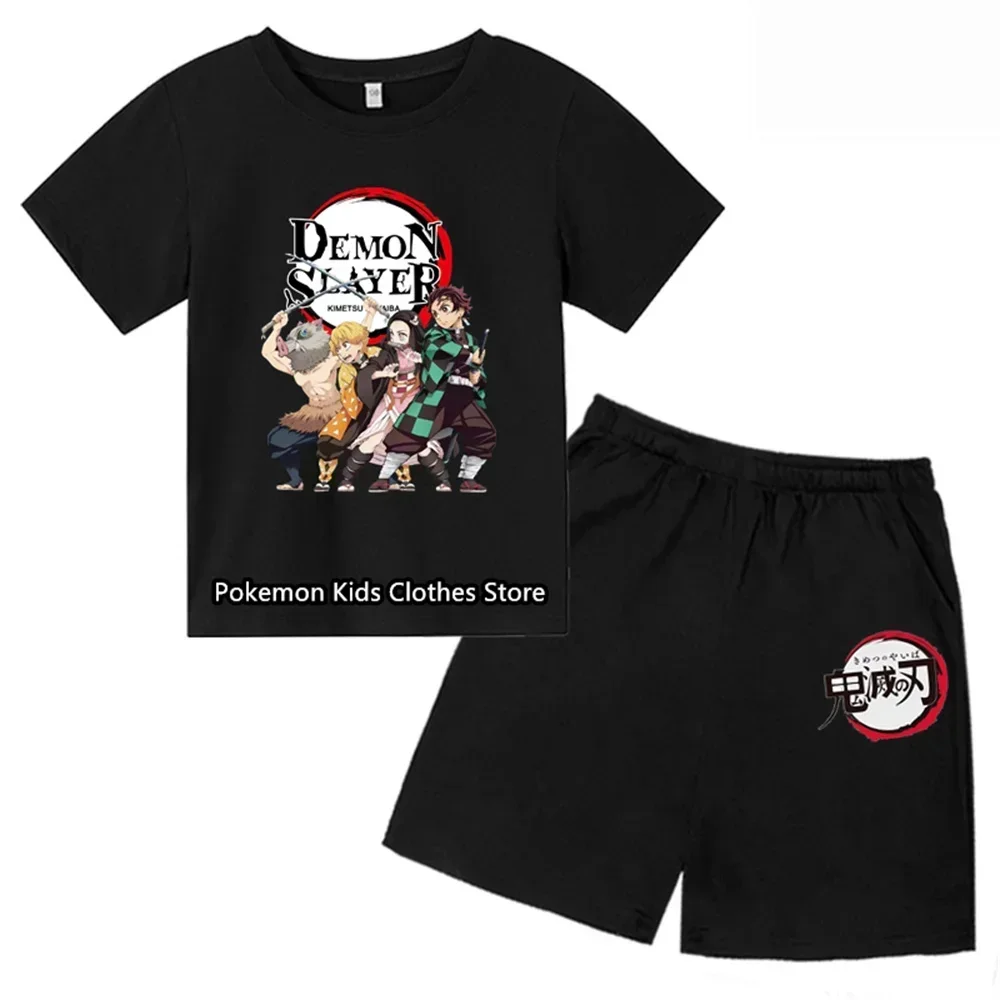 Boys Girls Clothes Set Summer Cartoon Demon Slayer T shirt+Short Pants 2pcs Children Clothing Teen 1 2 3 4-14 Year Kids Suit